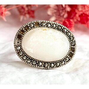 Mother of Pearl & Marcasite Modernist Sterling Silver 925 Vintage Ring - sz 9